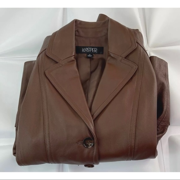 Kasper Womens Sz S Brown Soft Leather Blazer Jacket Pockets - Picture 3 of 6